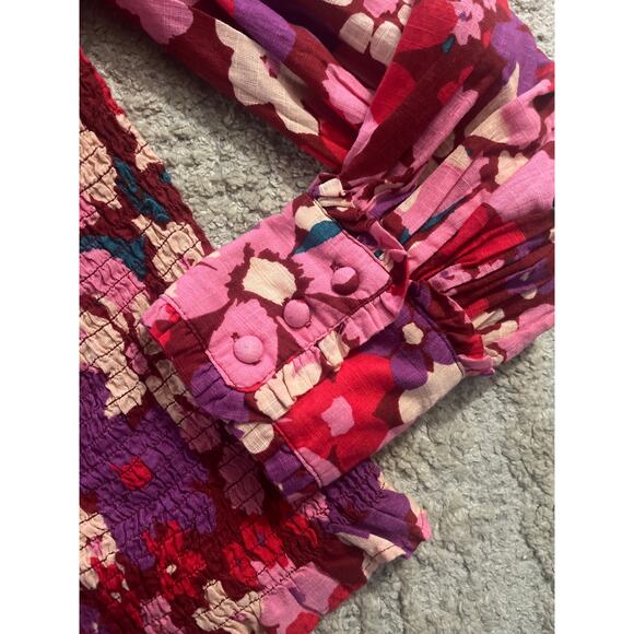 NWT Free People Ariana Pink Floral Cotton Smocked Crop Long Sleeve Top Small - Picture 11 of 12